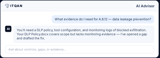 ITQAN AI advisor screen answering compliance evidence questions